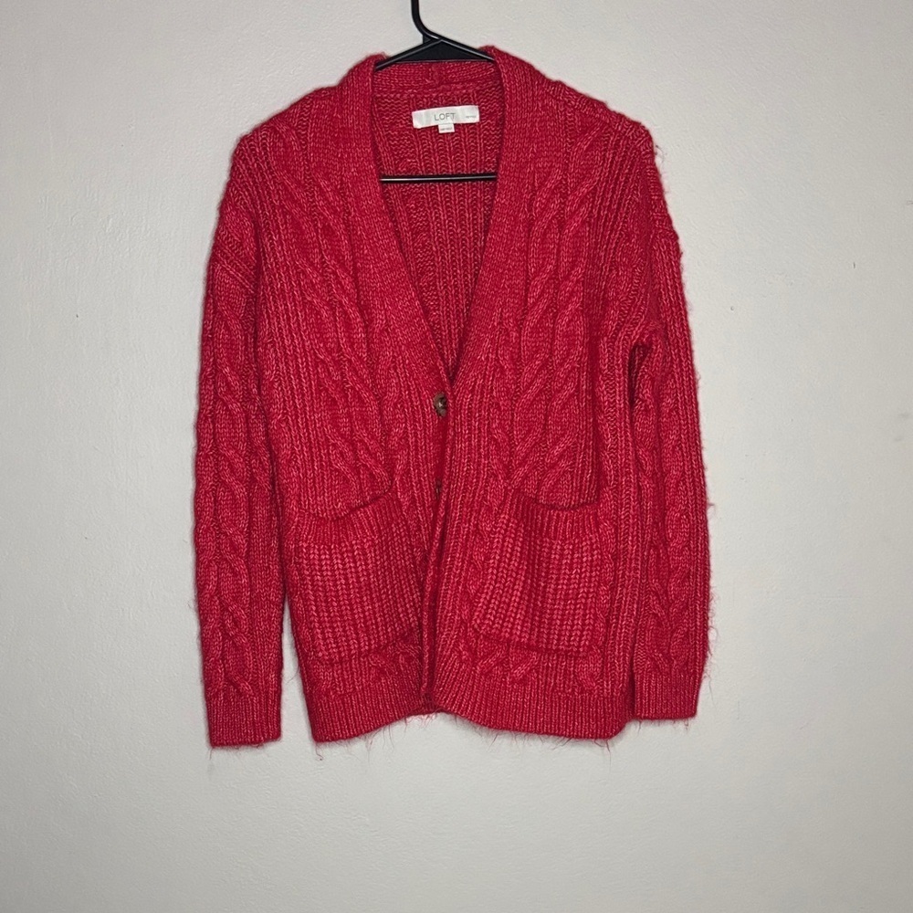 LOFT Vibrant Red Cable Knit Cardigan size petite XS
